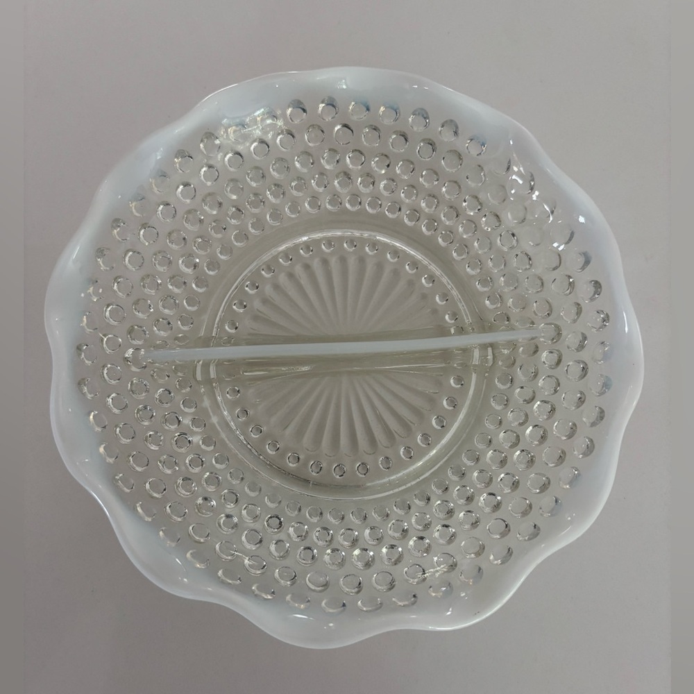 Vintage Fenton Opalescent Glass Moonstone Hobnail Divided Dish 7 1/2"